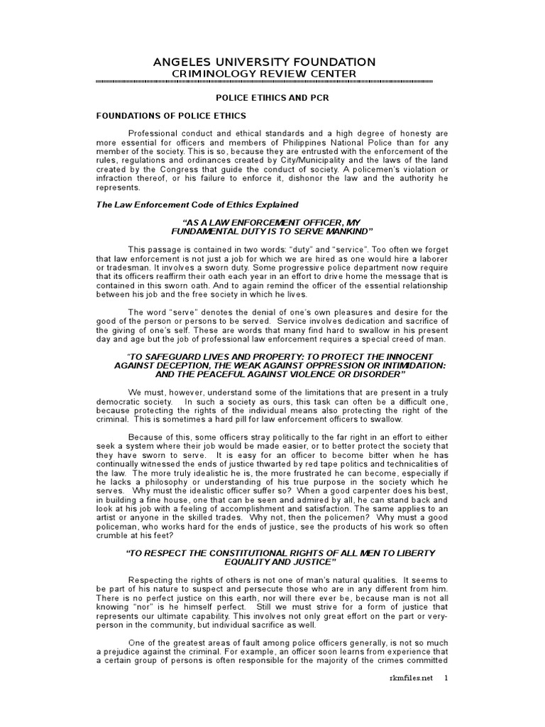 Review On Ethics 2 Pdf Police Officer Crime Violence