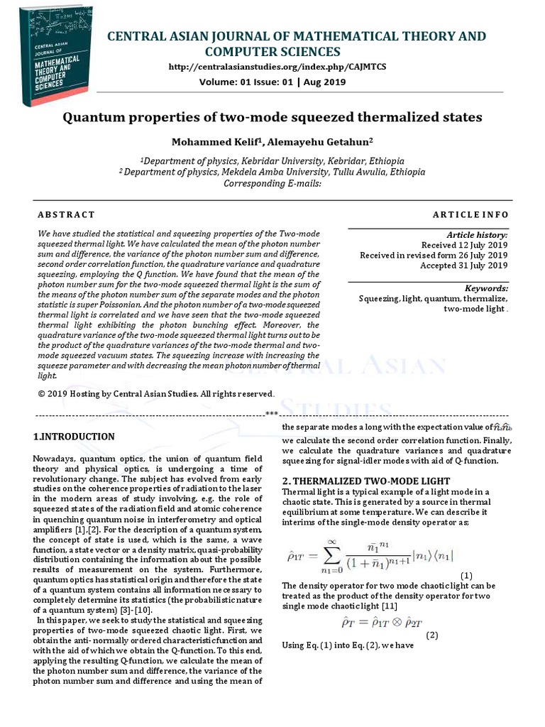 Quantum Properties of Two-Mode Squeezed Thermalized States | PDF ...