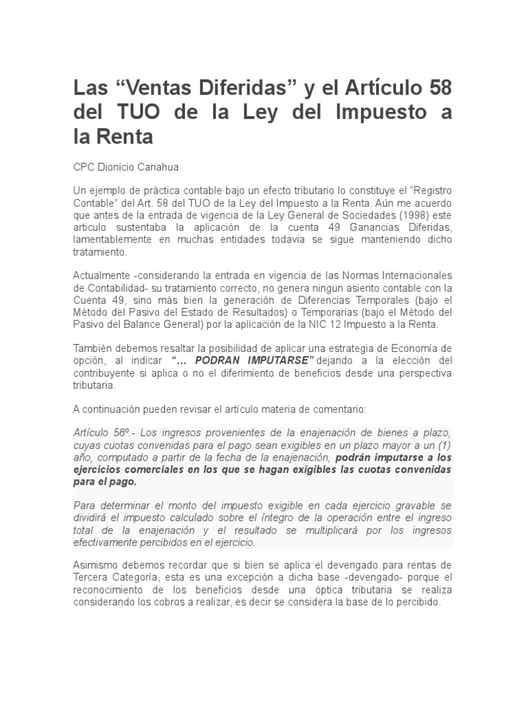 Ventas Diferidas y Artículo 58 Renta | PDF | Contabilidad | Devengo