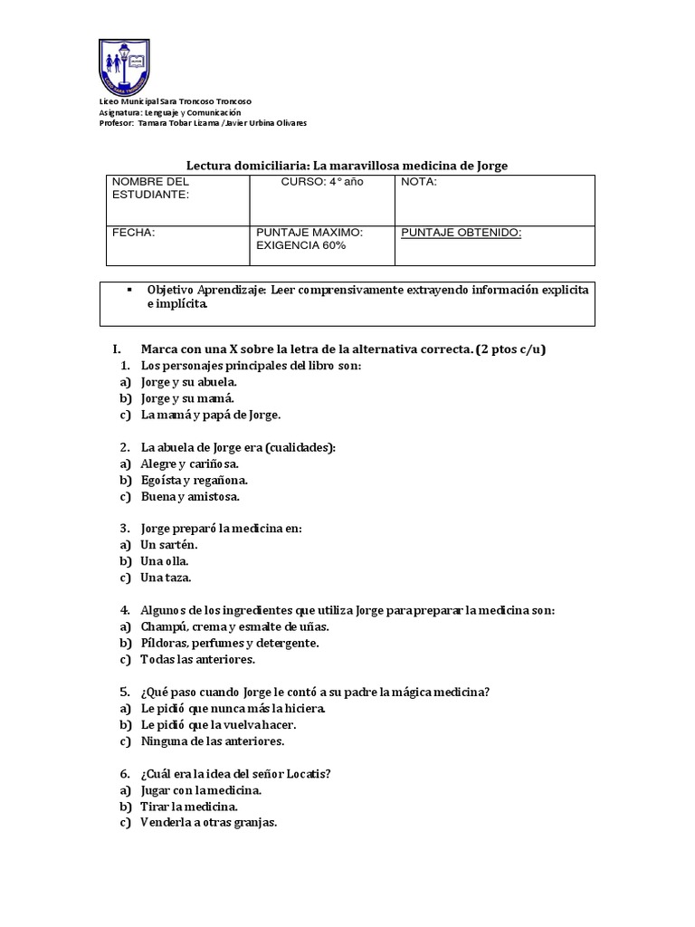 Actividades sobre "La maravillosa medicina de Jorge" | PDF