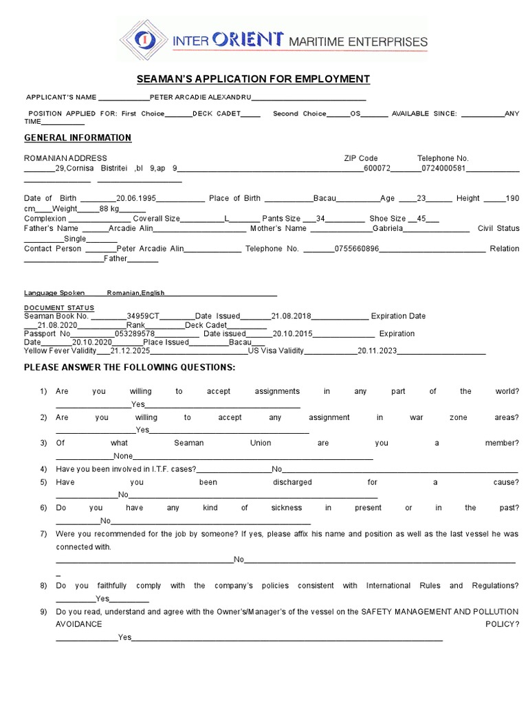 Seaman Application for Deck Cadet | PDF | Oil Tanker | Water Transport