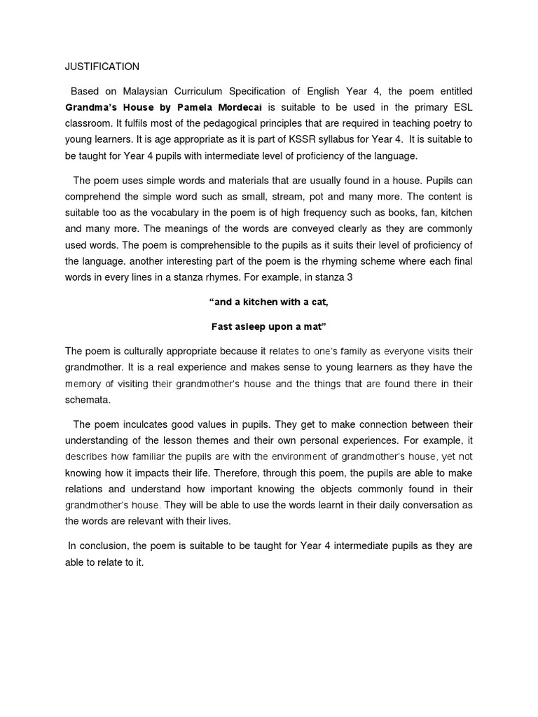 Grandma's House by Pamela Mordecai Is Suitable To Be Used in The