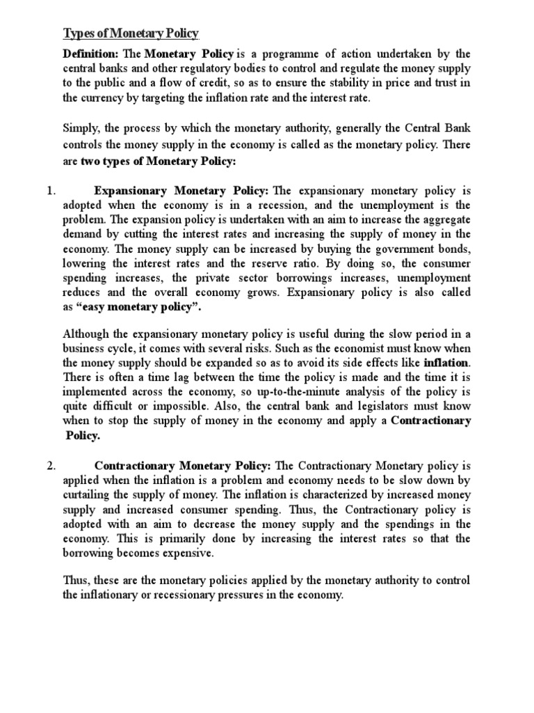 Types of Monetary Policy | PDF | Monetary Policy | Money Supply