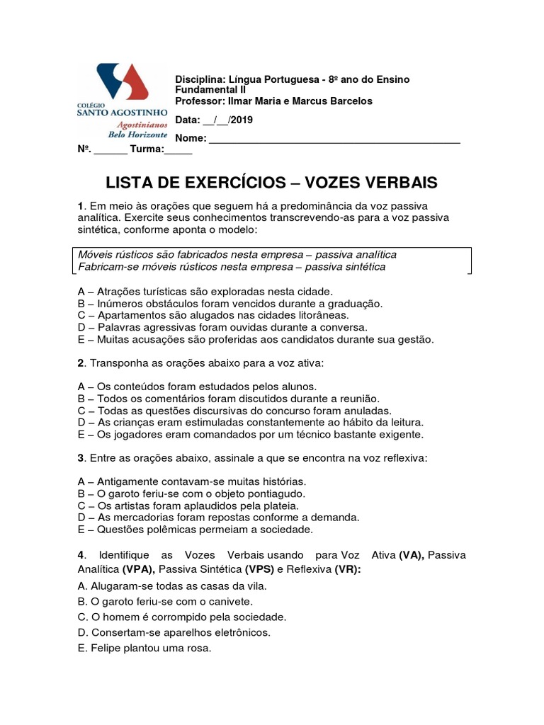 Lista de Exercícios - Vozes Verbais | PDF | Assunto (gramática)