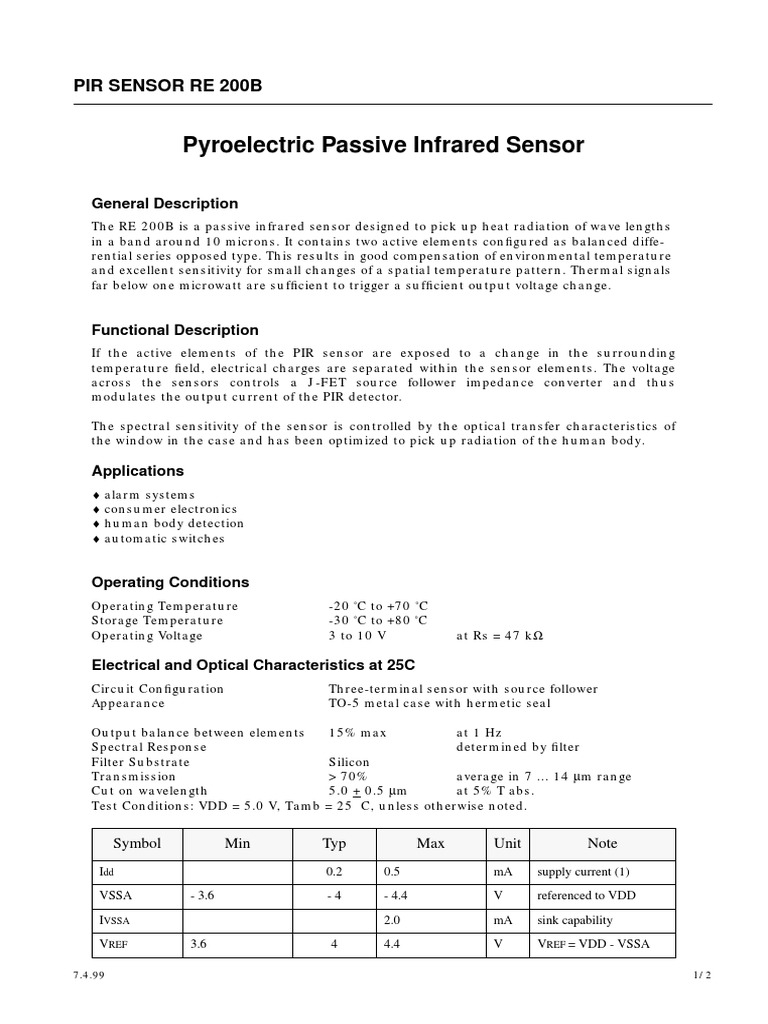 Pyroelectric PIR Sensor RE 200B | PDF | Infrared | Electronic Engineering