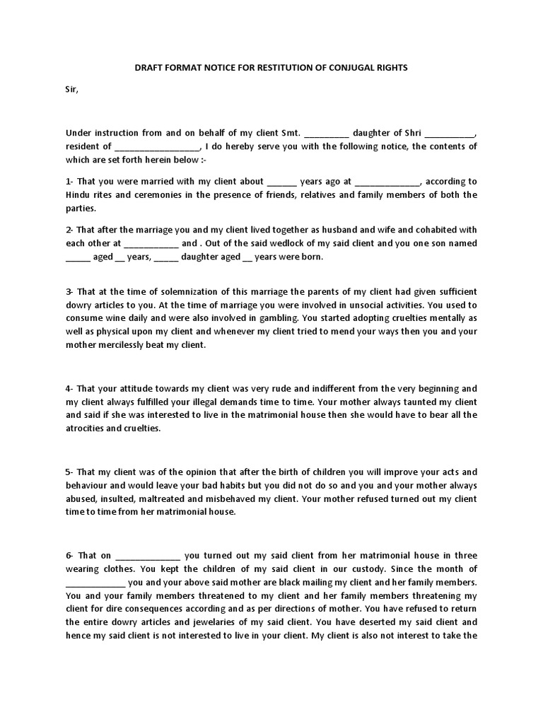Format Notice Restitution of Conjugal Rights Marriage Virtue