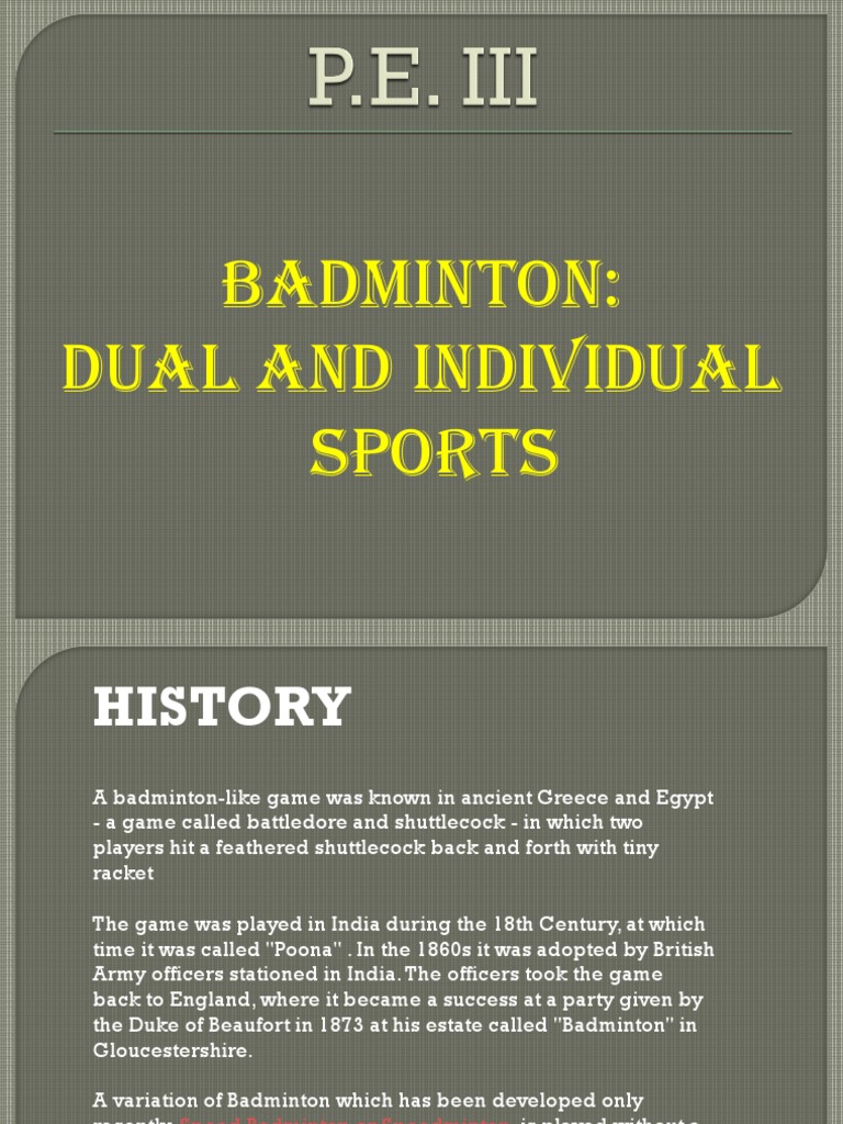 Badminton: Dual and Individual Sports | PDF | Racquet Sports | Athletic ...