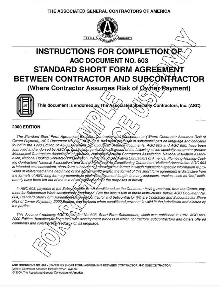 AGC Sample Doc 603 | PDF | Indemnity | General Contractor