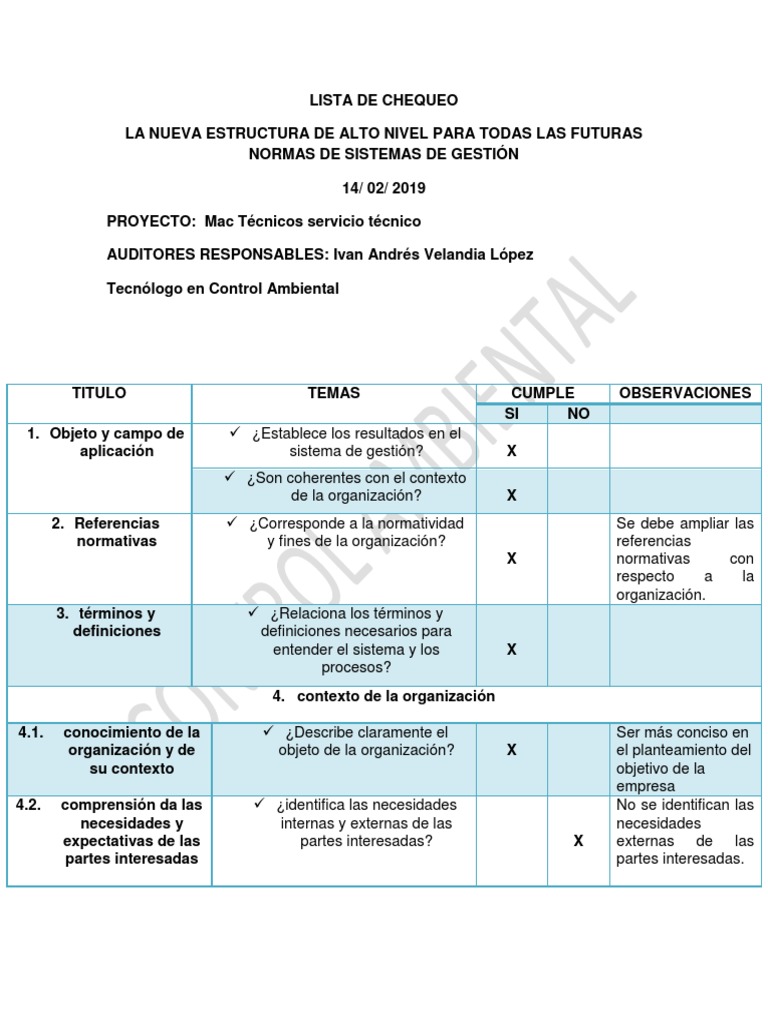 Lista de Chequeo Iso 14001 2015 | PDF | Planificación | Auditoría