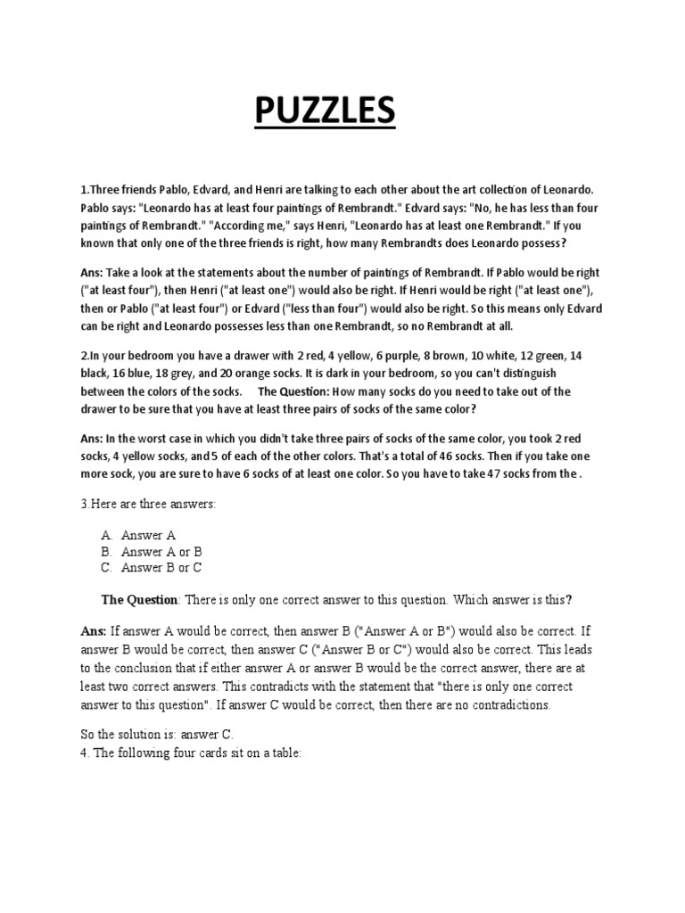 Logic Puzzles and Solutions | PDF | Truth | Question