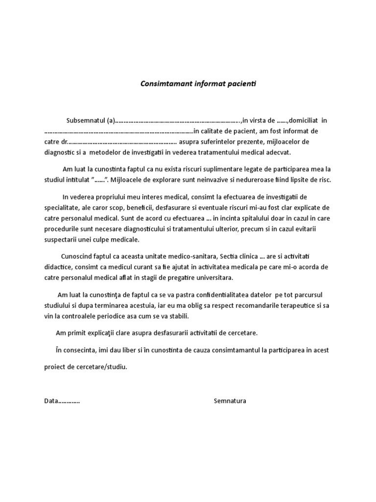 Consimtamant Informat Pacienti Model | PDF
