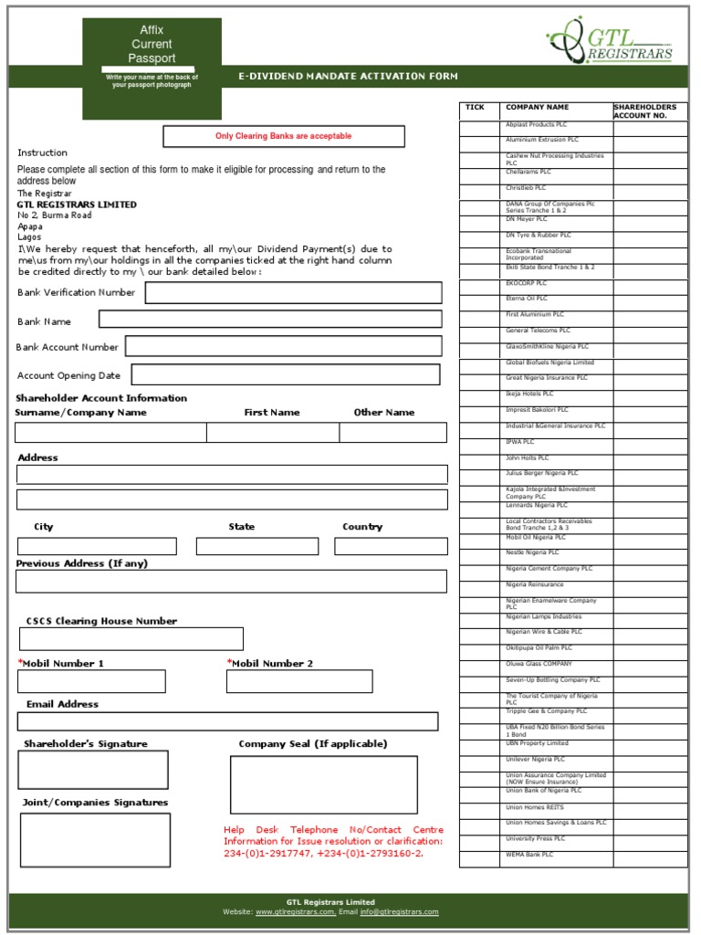 GTL Registrars e Dividend Mandate Form PDF Nigeria Banks
