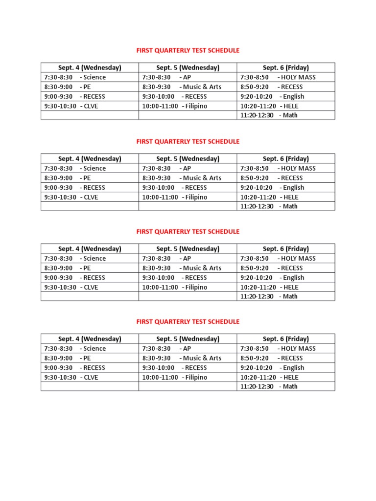 First Quarterly Test Schedule | PDF