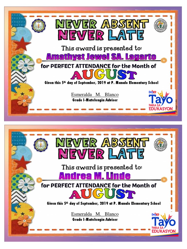 Certificate of Perfect Attendance | PDF | Wellness, image size:768x1024