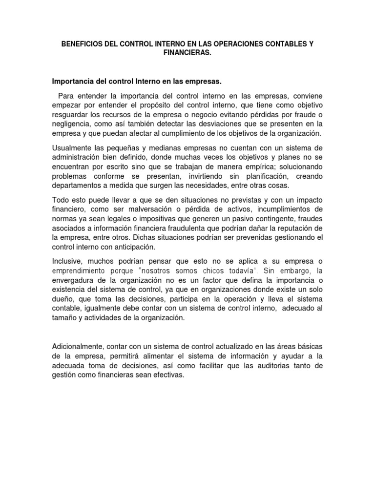 Beneficios Del Control Interno en Las Operaciones Contables y ...