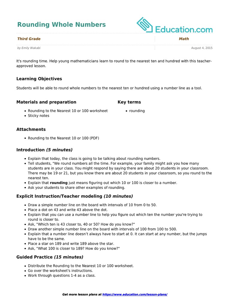 Rounding Whole Numbers Lesson Plan | PDF | Lesson Plan | Classroom