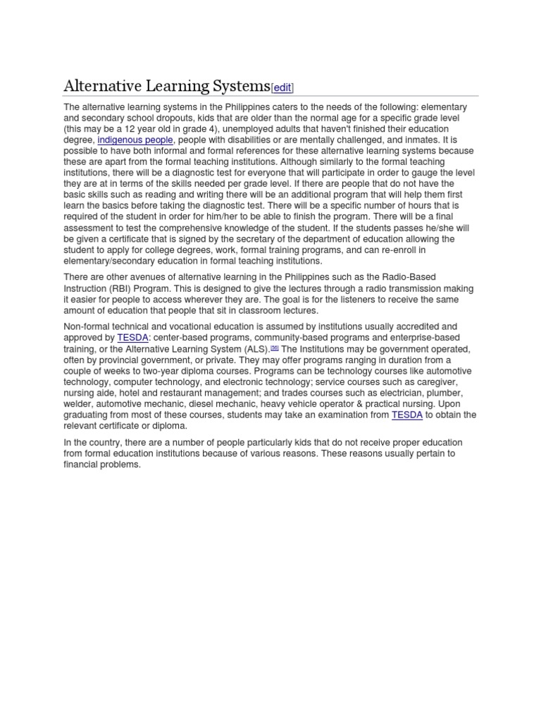 Alternative Learning Systems | PDF | Educational Stages | Learning