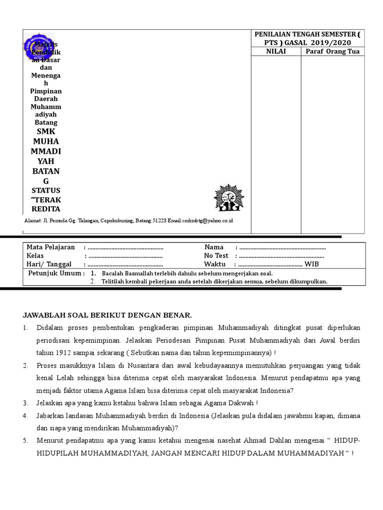 Soal Pts Kemuhammadiyahan Kelas Xi Tahun 2019 2020