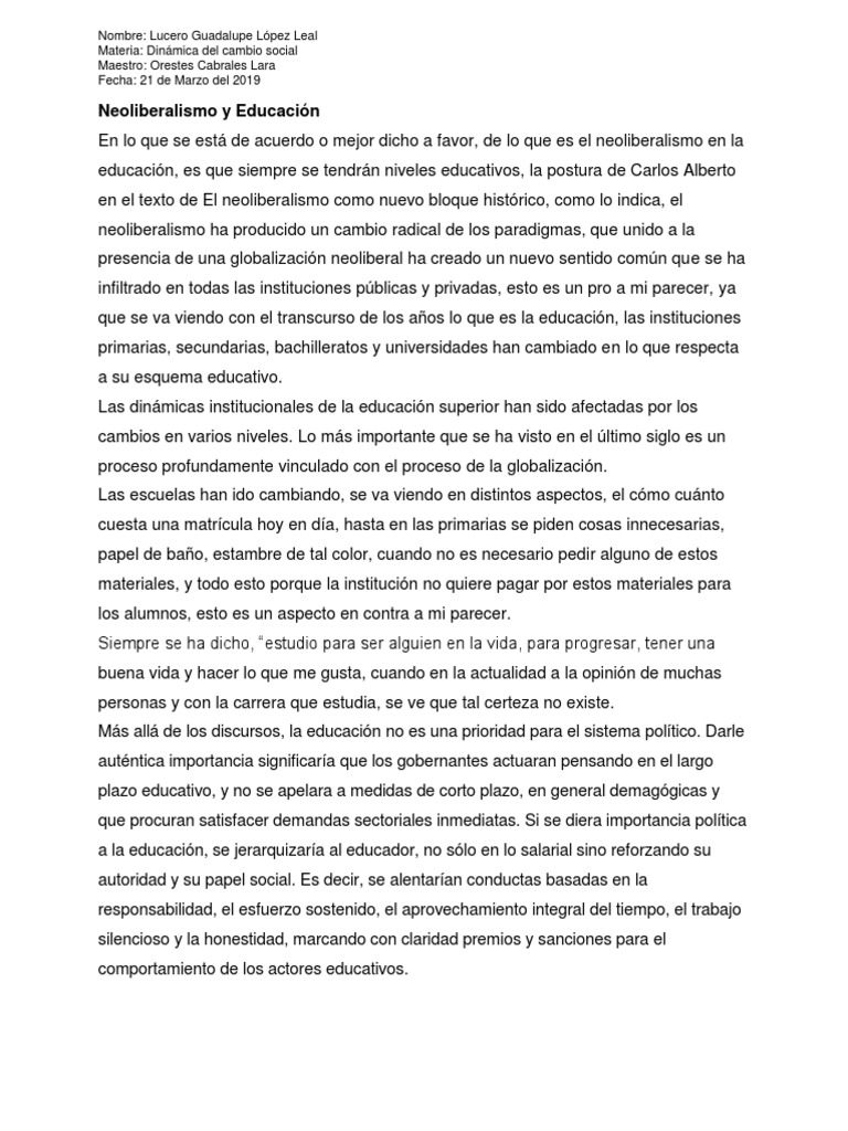 Neoliberalismo y Educación | PDF | Educación de la primera infancia ...