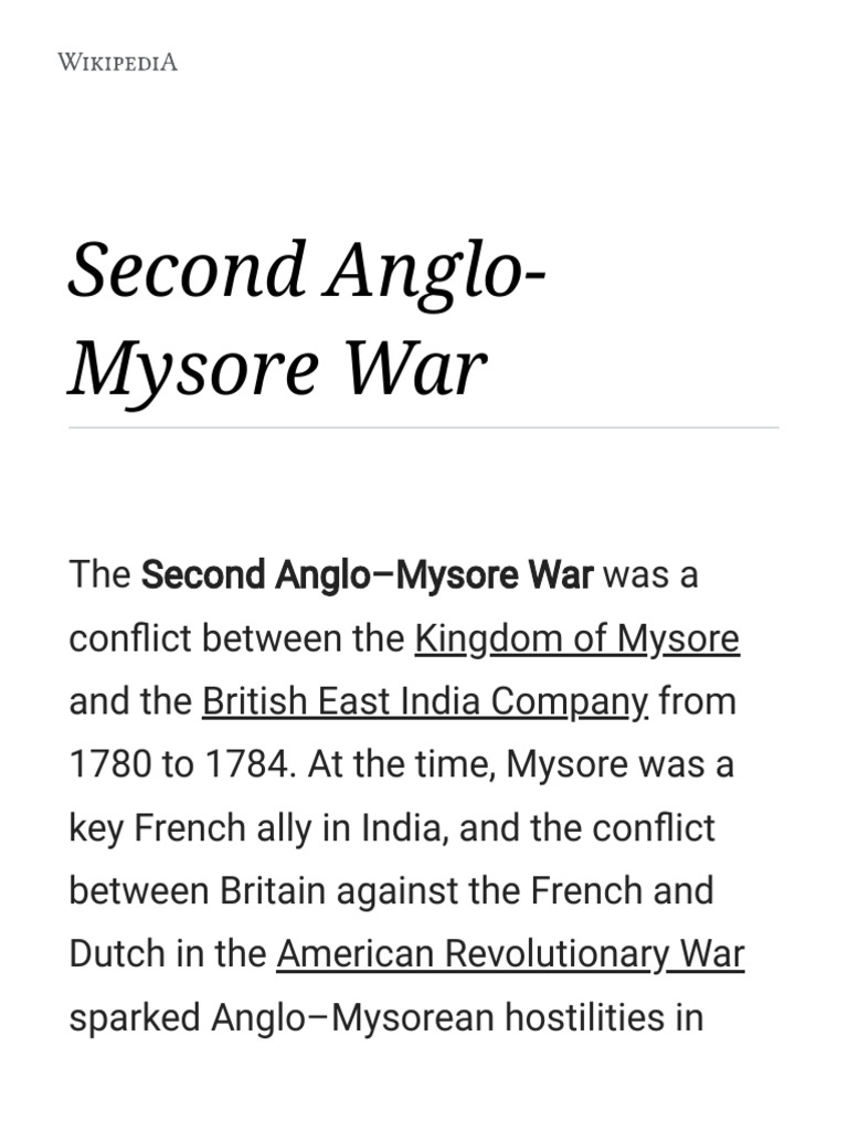 2nd Anglo Mysore War PDF British India Military