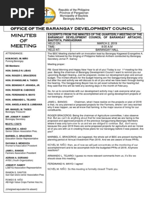 Bdc Minutes of Meeting
