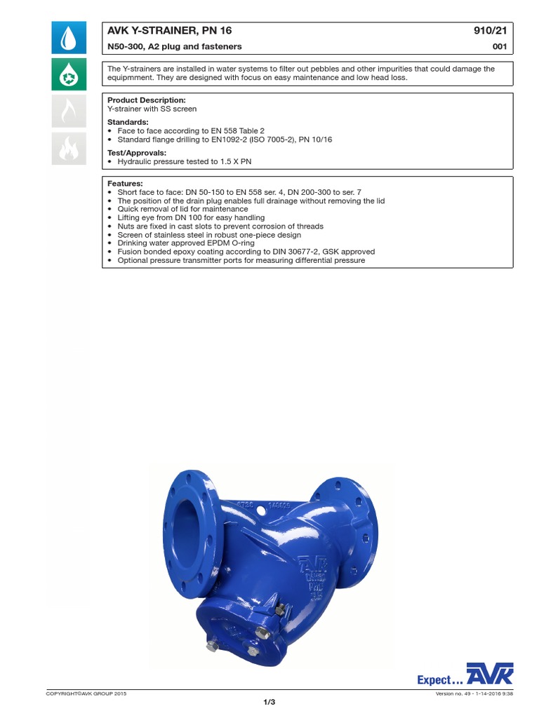 Avk YStrainer, PN 16 910/21 N50300, A2 Plug and Fasteners 001 PDF Stainless Steel