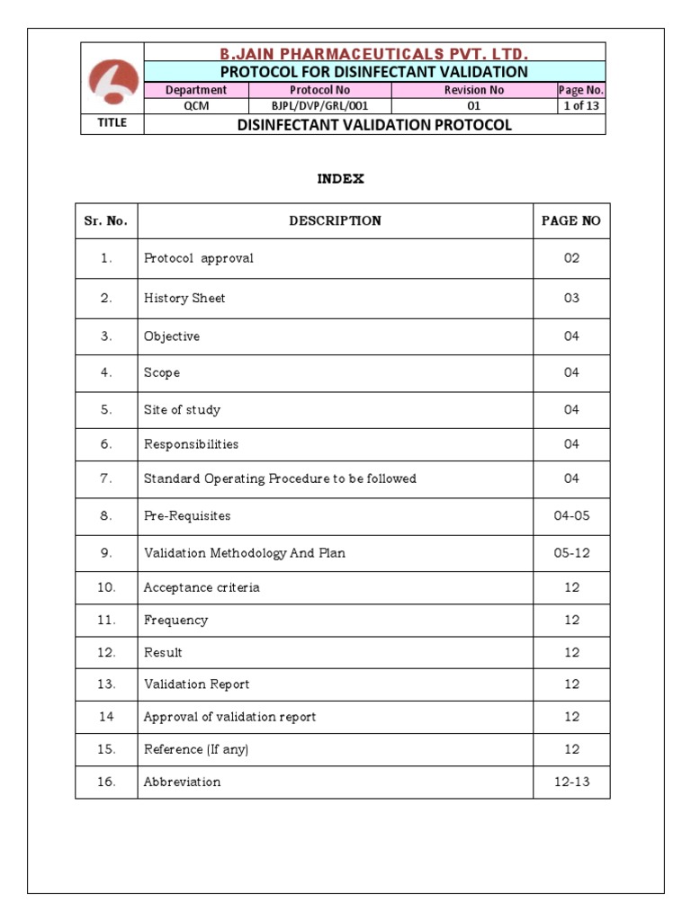 Protocol For Disinfectant Validation Disinfectant Validation Protocol