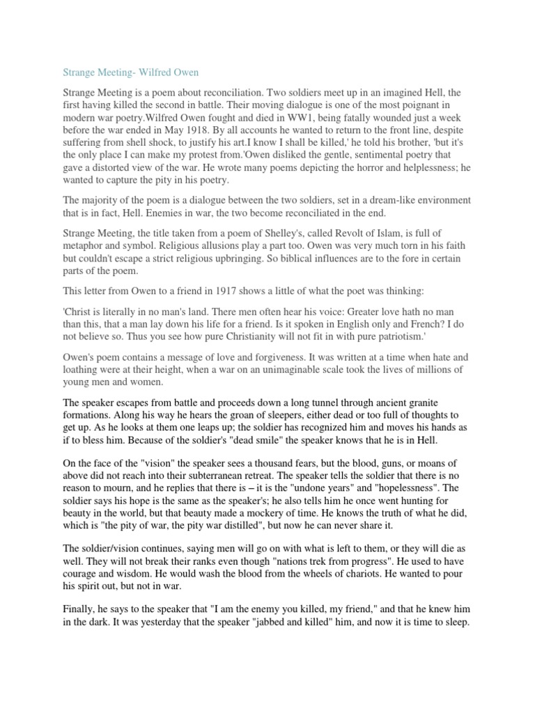 Strange meeting wilfred owen line by line analysis pdf image