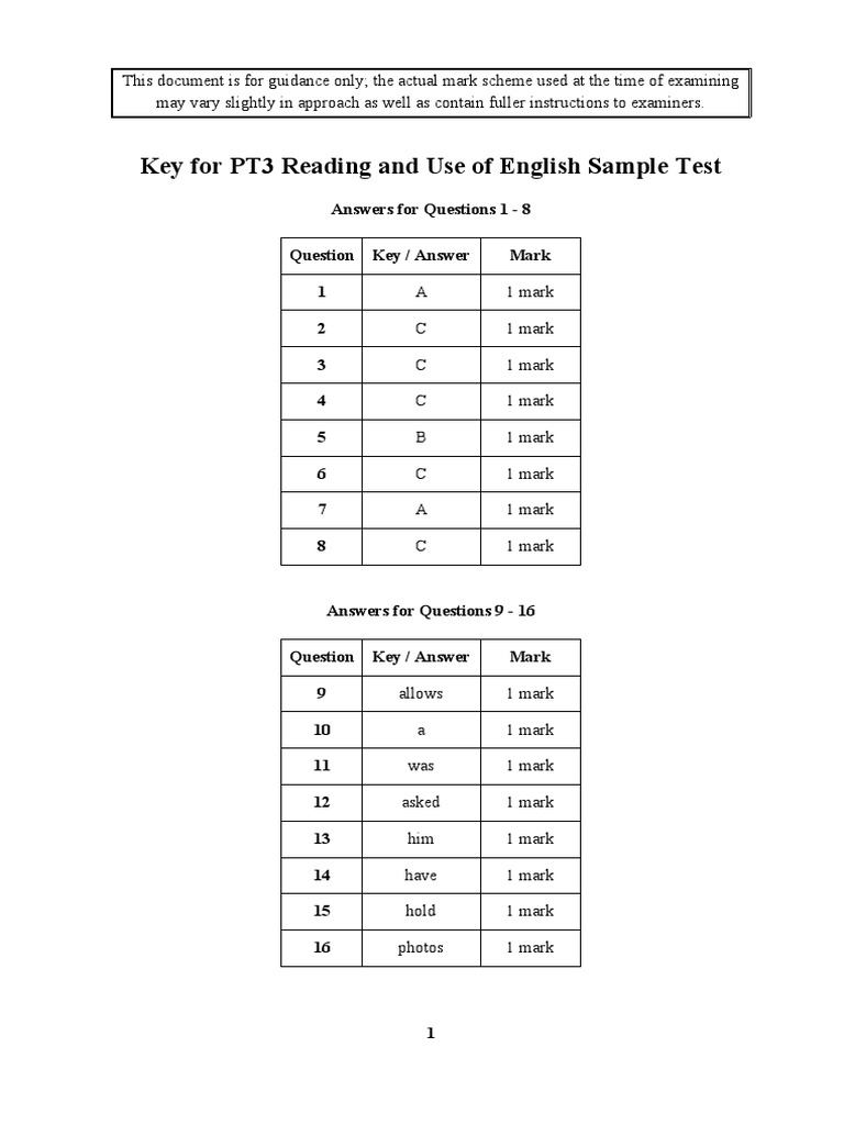 Pt3 Reading Sample Test Key Download Free Pdf Tests