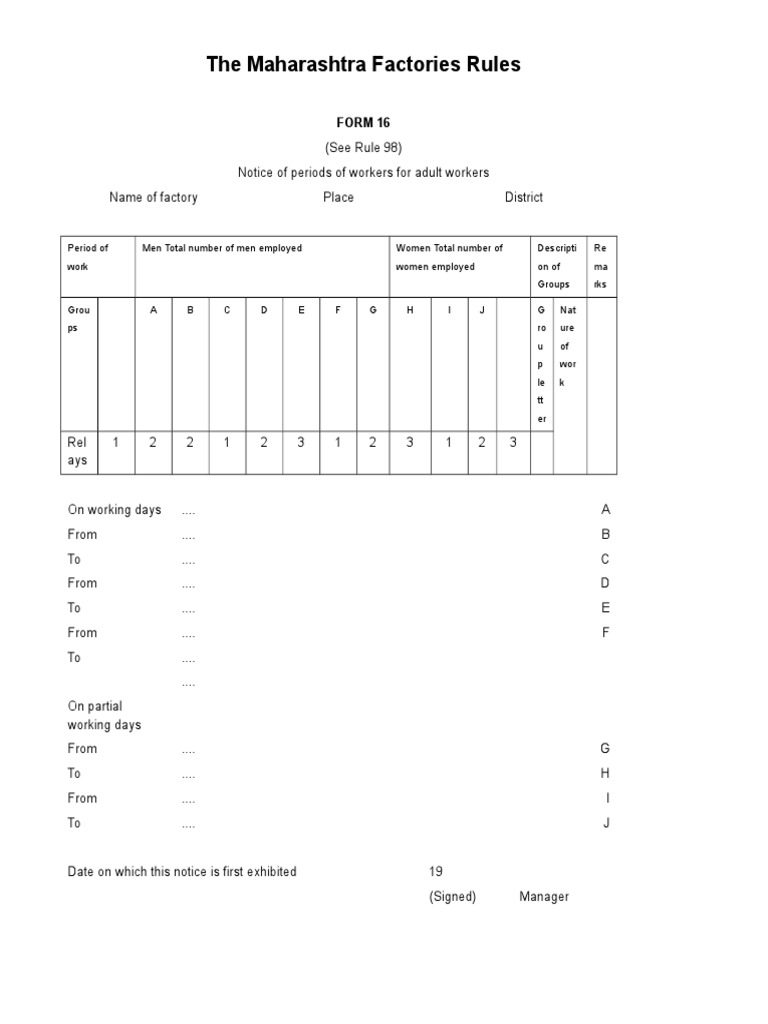 Maharashtra Factory Rules: Form 16 Details | PDF