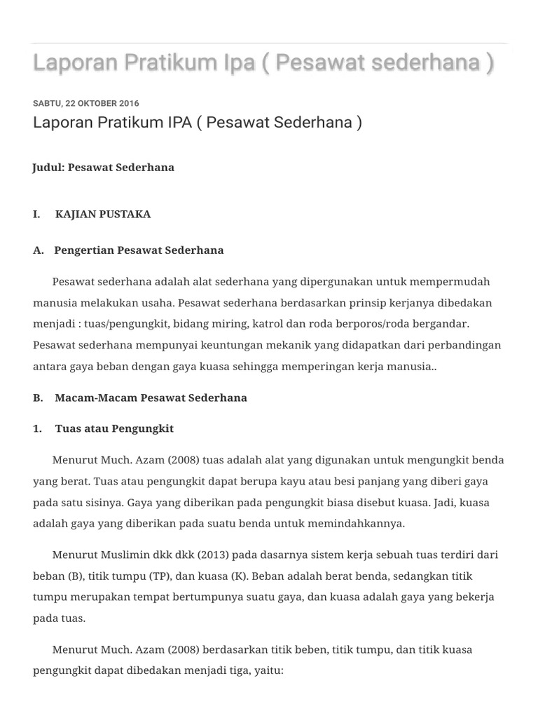 Pesawat Sederhana Laporan Pratikum Ipa