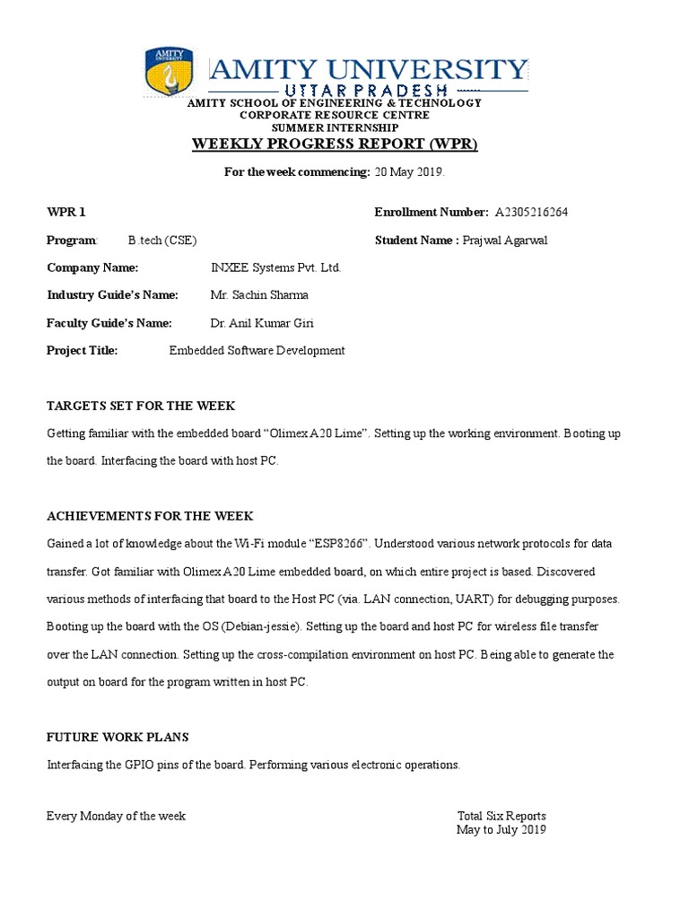 Weekly Progress Report (WPR) : Amity School of Engineering & Technology ...