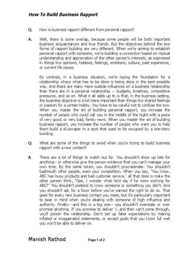 How To Build Business Rapport: Manish Rathod | PDF | Emotions | Cognition