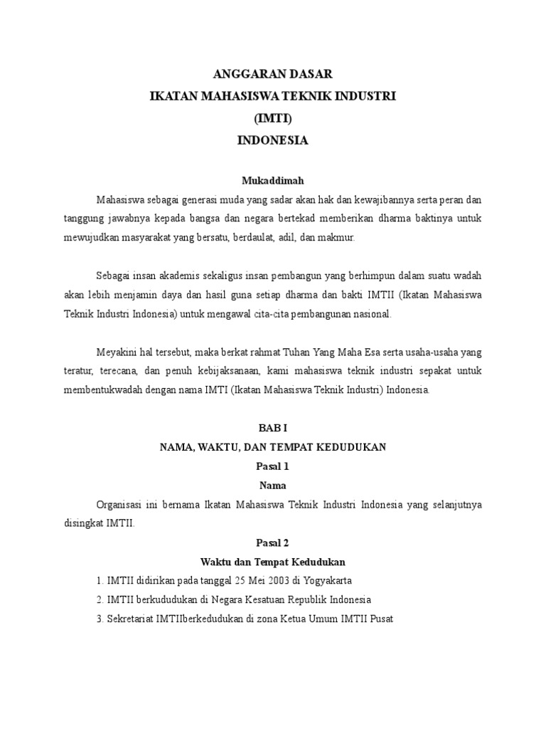 AD/ART Ikatan Mahasiswa Teknik Industri | PDF | Bisnis | Pengelolaan ...