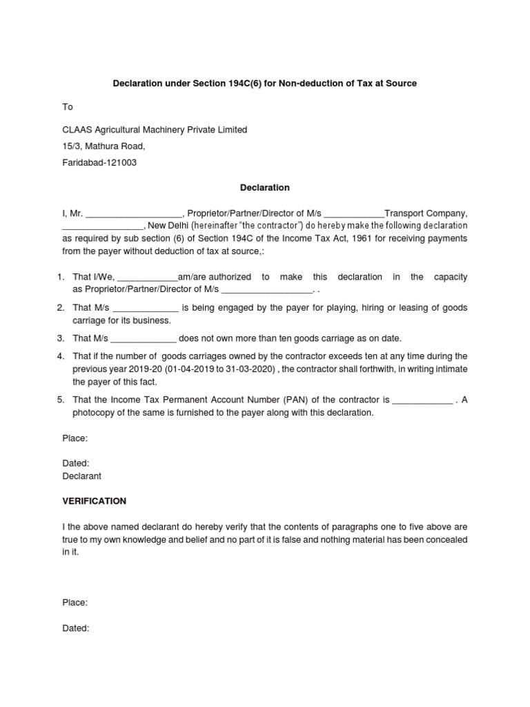 Declaration for Non-Deduction of TDS | PDF | Finance & Money Management ...