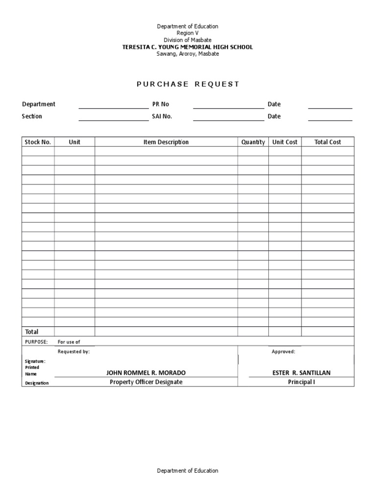 Masbate High School Purchase Request Form | PDF