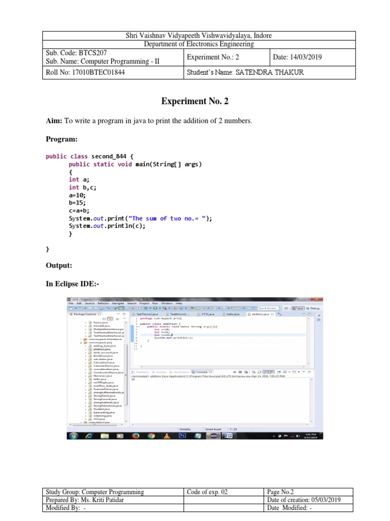 Experiment No. 2: Aim: To Write A Program in Java To Print The Addition ...