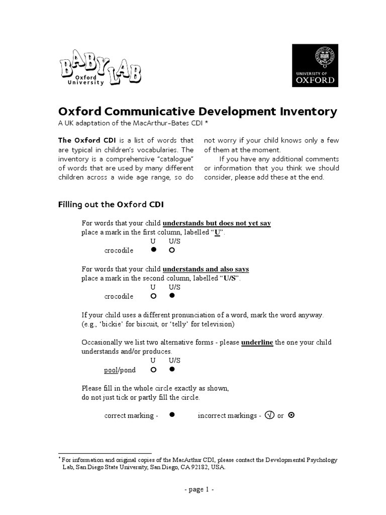 Oxford Communicative Development Inventory Filling Out The Oxford CDI