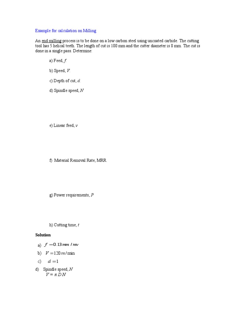 Example For Milling Calculation PDF Torque Metals
