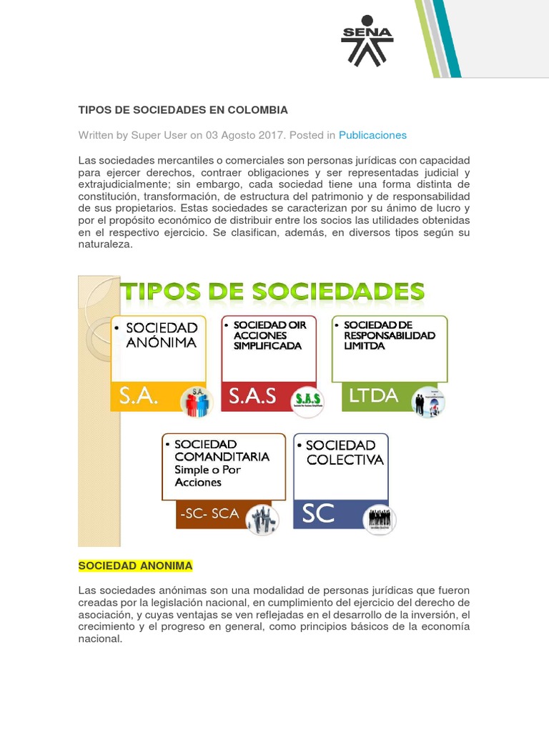 Anexo 04 - Tipos de Sociedades en Colombia | PDF | Sociedad de ...