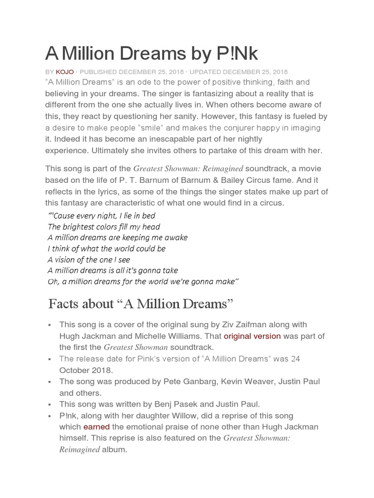 A Million Dreams Analysis Song Structure