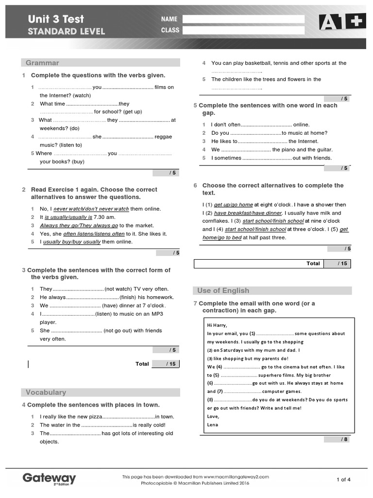 A1PLUS UNIT 3 Test Standard | PDF | Hobbies