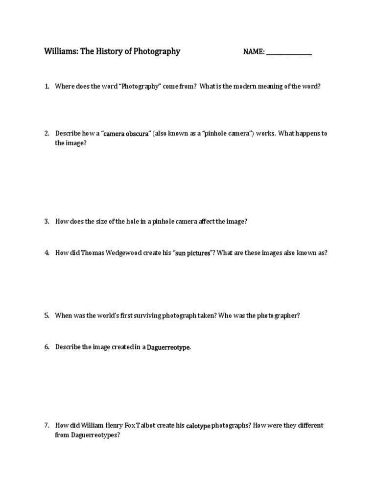 History of Photo Worksheet