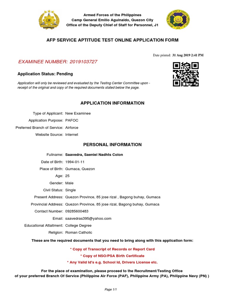 AFP Service Aptitude Test Application | PDF