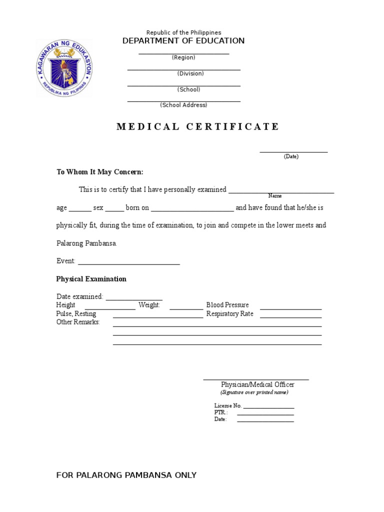 Medical Certificate: Department of Education | PDF