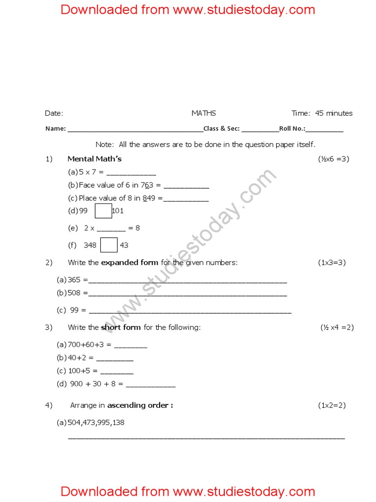 Class 2 Maths Test Paper PDF | PDF | Teaching Mathematics