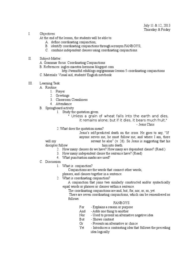 Coordinating Conjunctions Lesson Plan | PDF | Clause | Linguistic ...