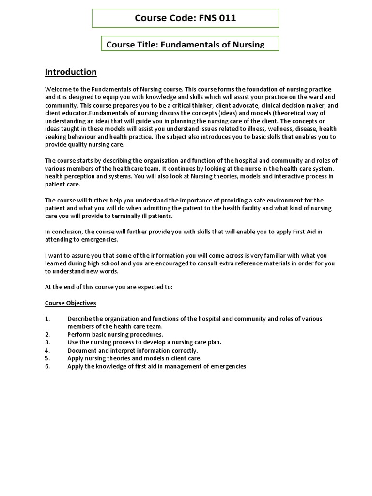 Fundamentals of Nursing Course Overview | PDF | Health Care | Nursing