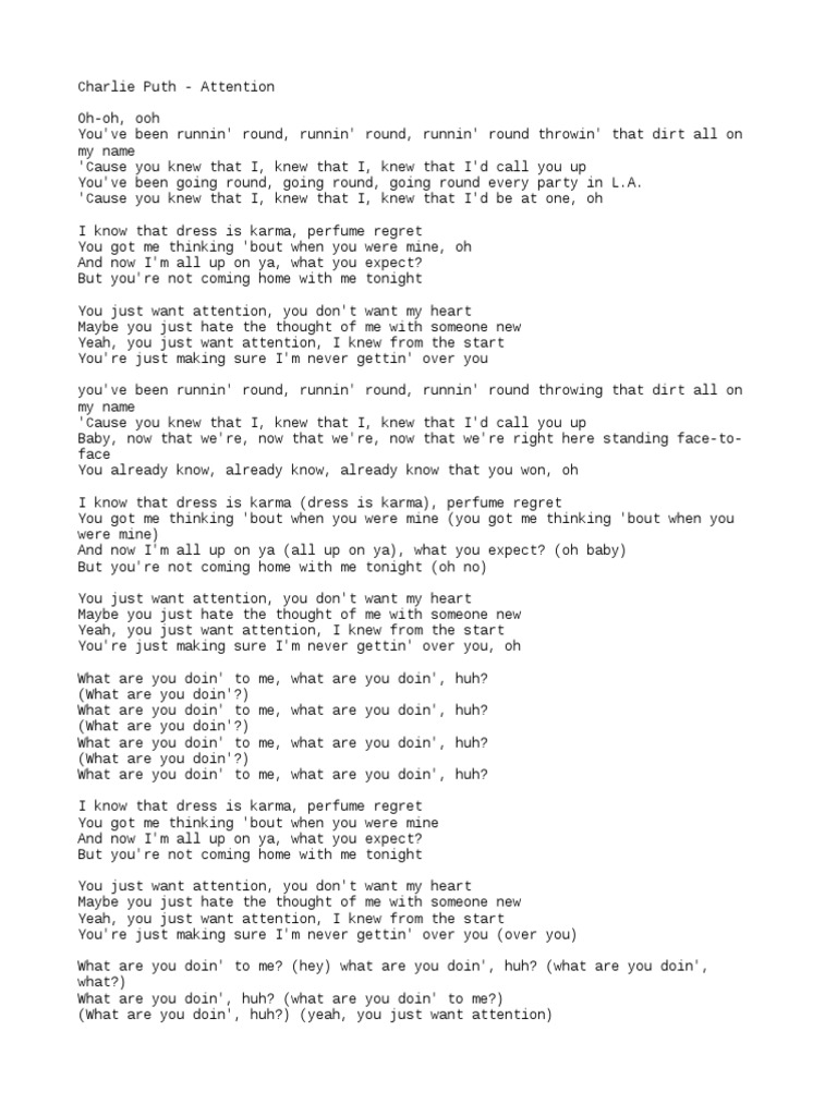 Attention Lyrics Charlie Puth Charlie Puth Attention | PDF