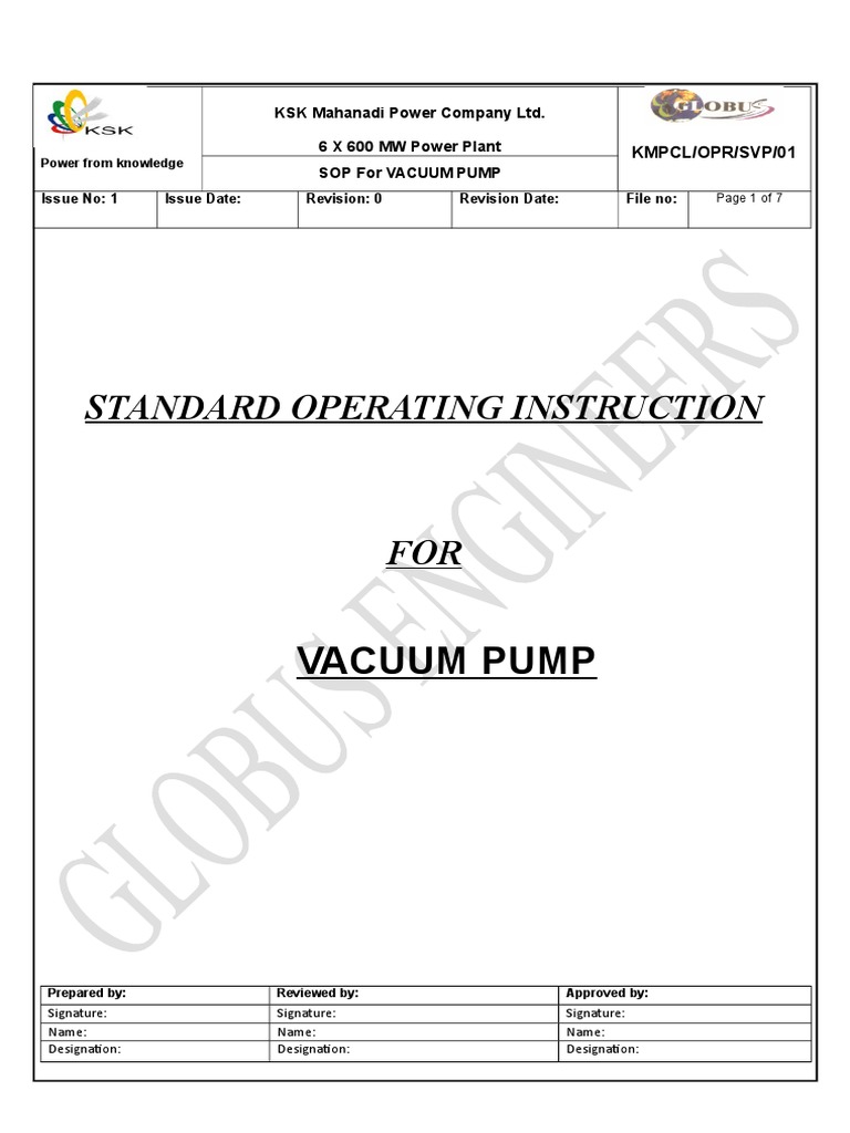 Sop For Vacuum Pump PDF Pump Vacuum
